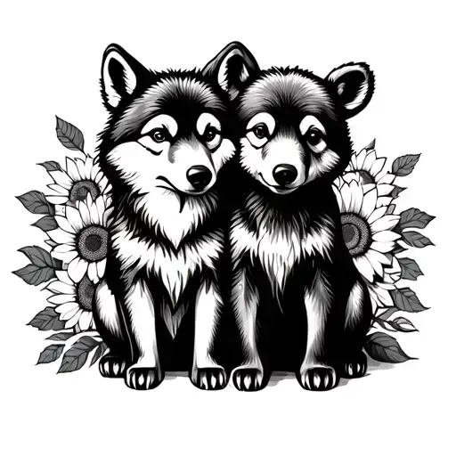 baby wolf and baby bear sitting with sunflowers and roses  tattoo design idea