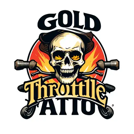 Tattoo shop logo with the name “Gold Throttle Tattoo” with a skull with one golden tooth behind motorcycle handle bars m tattoo design idea