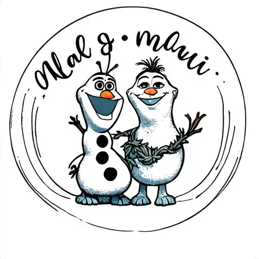 olaf and maui together, Molly written in script surrounded tattoo design idea