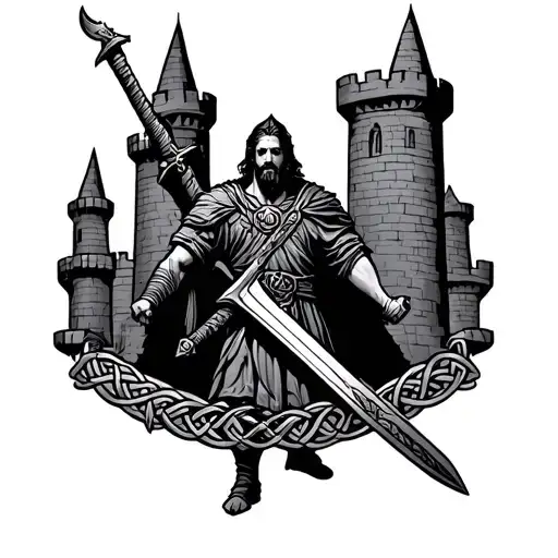 Irish warrior with sword surrounded by Celtic castles  tattoo design idea