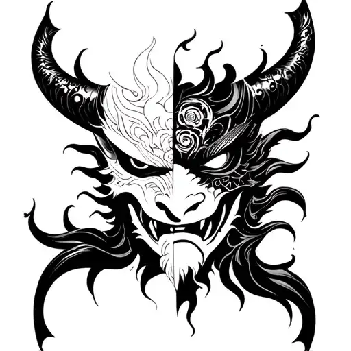oni mask split in half tattoo design idea