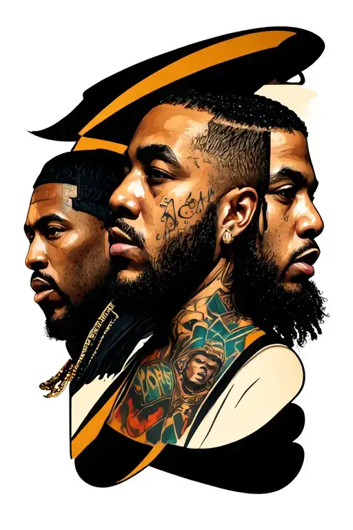 a tattoo in the shape of an arm sleeve featuring portoraits of Mac Miller, Kendrick Lamar, MF DOOM, and Young Thug  tattoo design idea