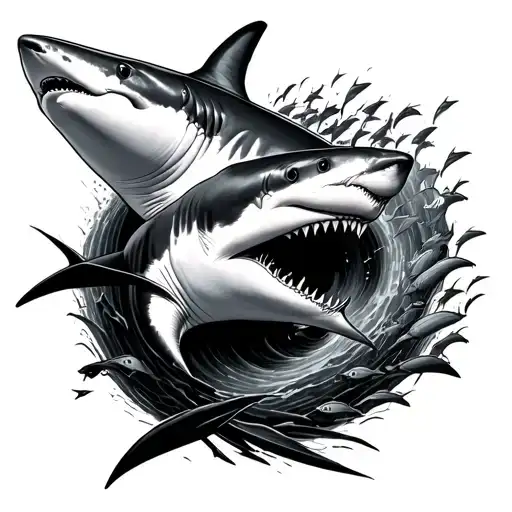 Sharks chasing a school of fish in a black hole  neck tattoo tattoo design idea