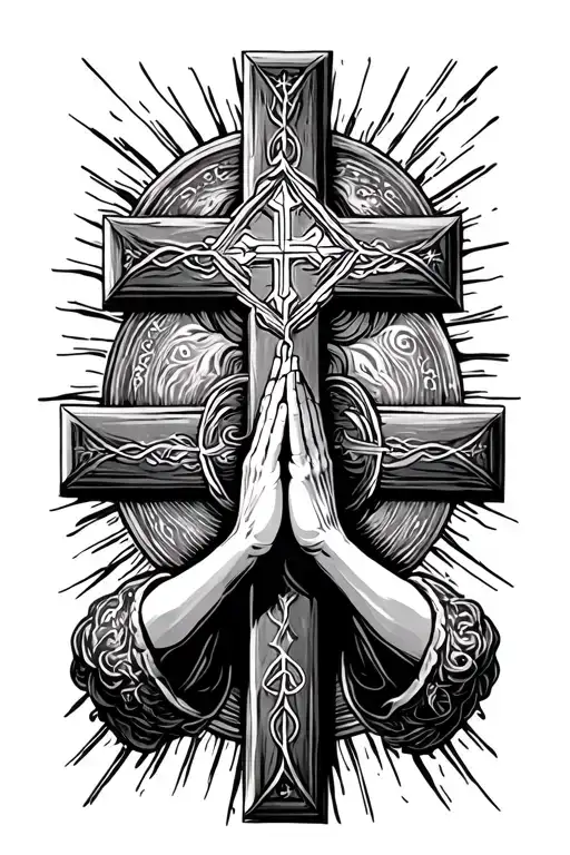 orthodox cross with praying hands in front of it  tattoo design idea
