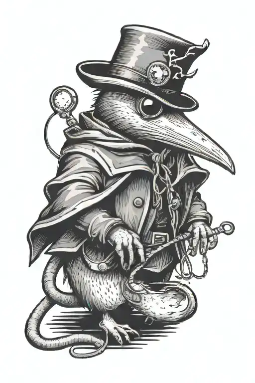 A mouse wearing a plague doctor's mask. the mouse is holding people on a leash. I don't want a bird in the picture. tattoo design idea
