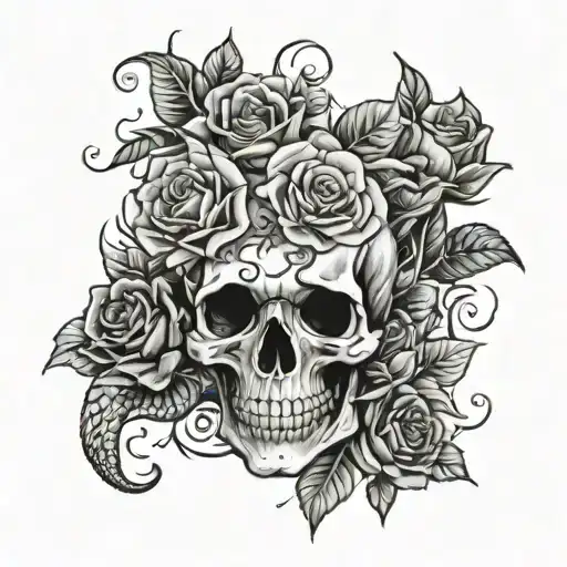 gothic skull and snake with roses tattoo thigh tattoo design idea