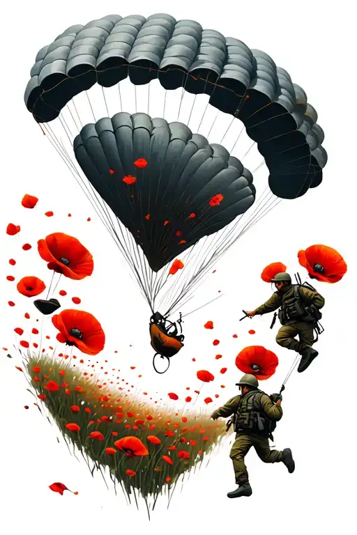 army airborne soldiers dropping into a red poppy field. the parachute is transforming into a poppy tattoo design idea