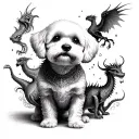 A dotwork tattoo of a bichon frise dog surrounded by a mystical menagerie of fantastical creatures like dragons and griffins tattoo design idea