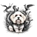 A dotwork tattoo of a bichon frise dog surrounded by a mystical menagerie of fantastical creatures like dragons and griffins tattoo design idea