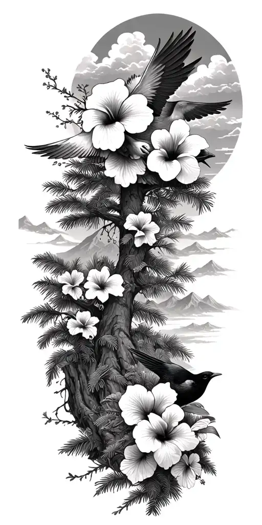 pine trees, hibiscus flowers,clouds, doves, crows, mountains, wildflowers tattoo design idea