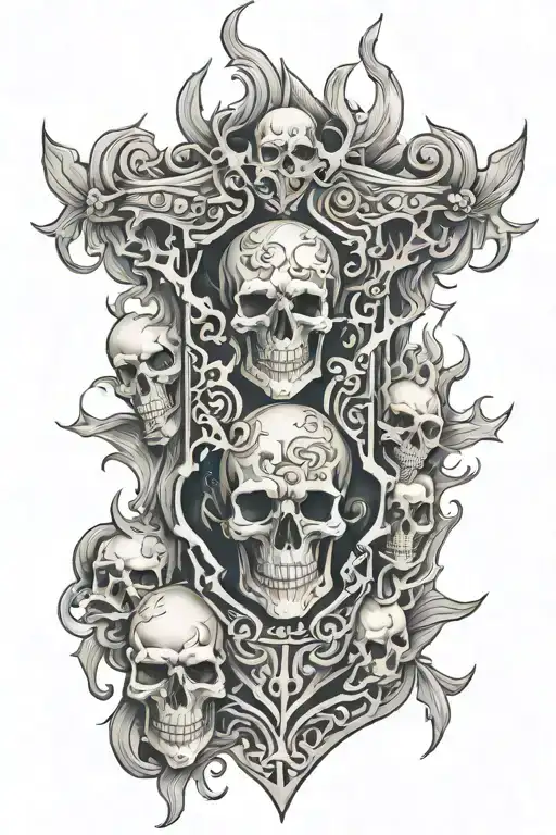 leg armour, skulls, flames, right leg sleeve tattoo design idea