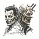 arm sleeve starts with Michael Myers at the shoulder his mask eerie and emotionless Freddy Krueger follows with his razo tattoo design idea