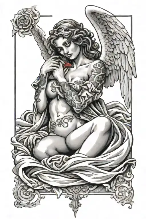 angel wife lying in bed tattoo design idea