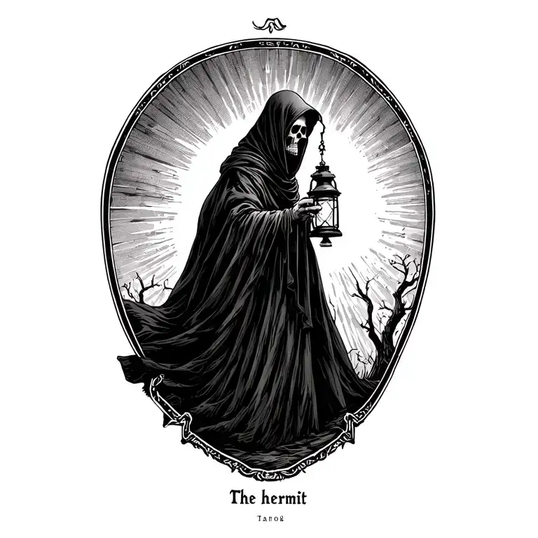 The hermit tarot walking sideways in darkness holding a lantern thats emitting light. Skull face cloaked in hood tattoo design idea