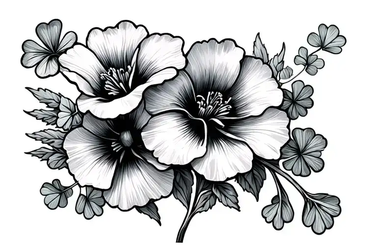 two inch tatto of carnations, morning glory flowers, and clovers tattoo design idea