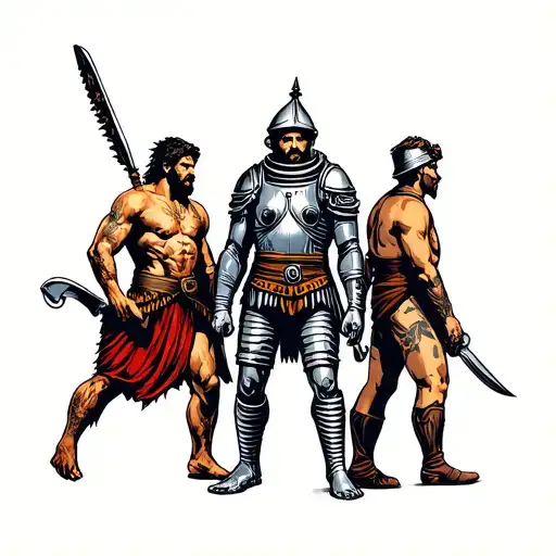 evolution of man: horizontal banner 4:1 showing caveman - knight - modern man - spaceman with matching backgrounds tattoo design idea