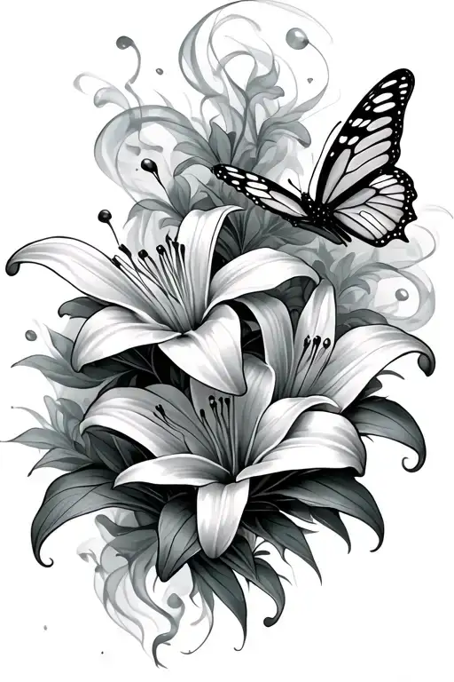 lily flowers butterflies and smoke tattoo design idea