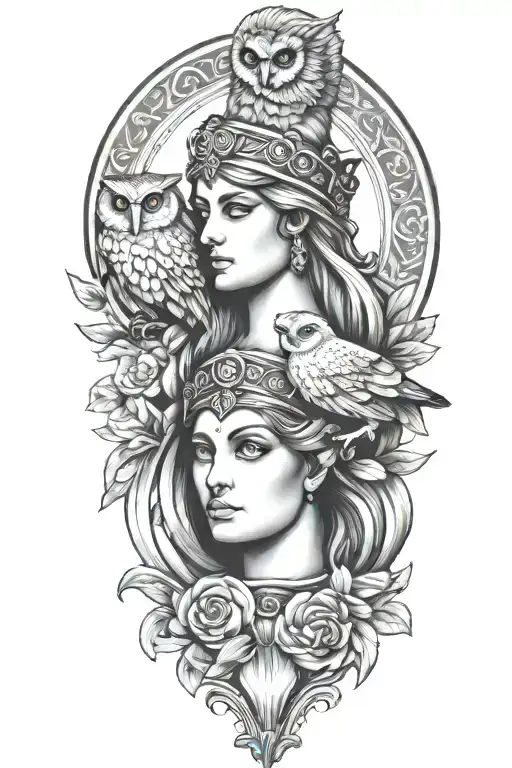 athena greek goddess with owl  tattoo design idea