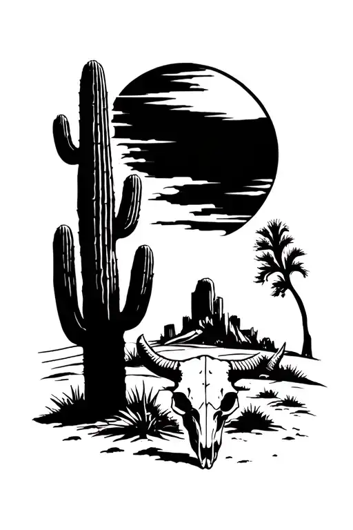 desert setting with large cactus in the foreground with a small bull skull next to it the sun is setting in the backgrou tattoo design idea