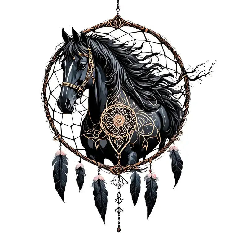 horse dream catcher entangled tattoo design idea