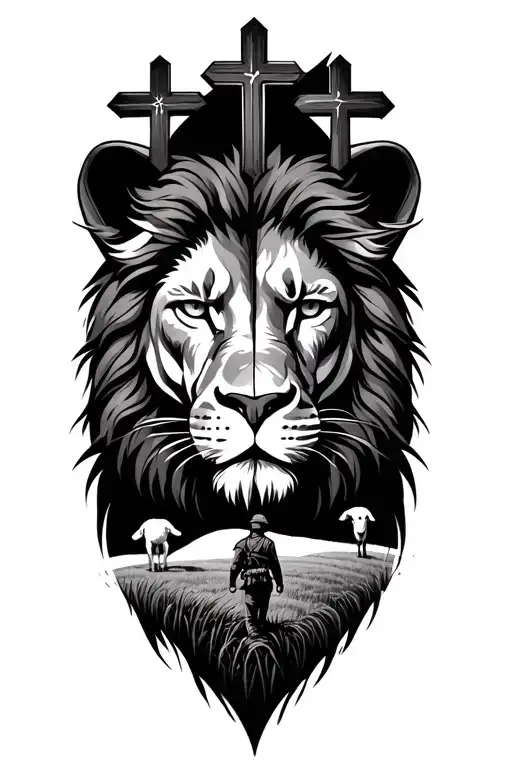 Half lion and half lamb face with 3 crosses on a hill and a soldier walking through a field  tattoo design idea