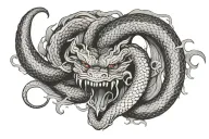 carpet snakes head face down normal realistic style at sternum the body in Japanese dragon style swirl away from head tattoo design idea
