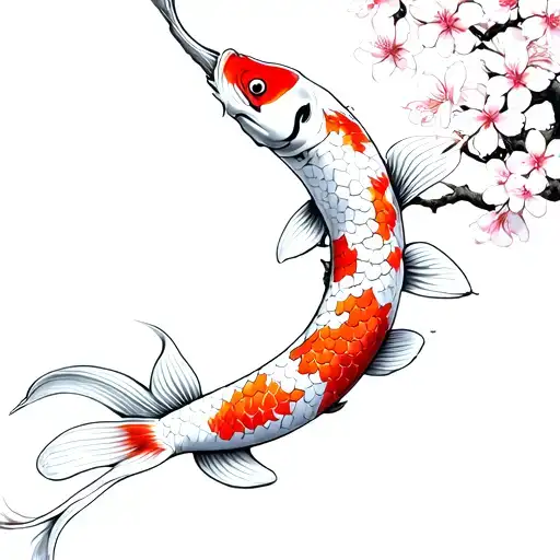 Japanese style ratio of koi fish with cherry blossoms that look manly and goes on shoukder tattoo design idea
