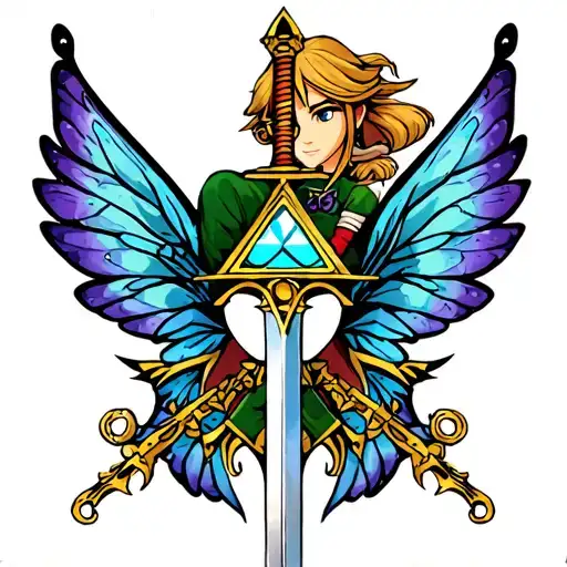 zelda triforce, sword and Navi fairy wings tattoo design idea