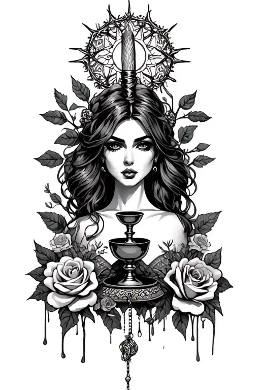 pin up priestess, thorned mandala halo, chalice, rosary, flogger, rose, votive candles, blossoms, thorn vines, drippi tattoo design idea