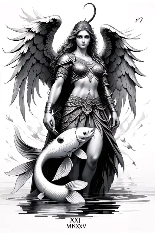 angel warrior with koi fish with roman numerals XI XVI MMXIX tattoo design idea