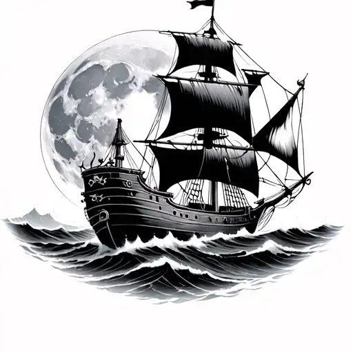 full moon with scull and pirate ghost ship sailing through stormy seas tattoo design idea