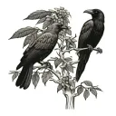 wattle tree with two birds perching, a raven and a pied currawong tattoo design idea