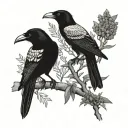 wattle tree with two birds perching, a raven and a pied currawong tattoo design idea