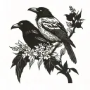 wattle tree with two birds perching, a raven and a pied currawong tattoo design idea