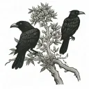 wattle tree with two birds perching, a raven and a pied currawong tattoo design idea