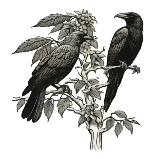 wattle tree with two birds perching, a raven and a pied currawong tattoo design idea