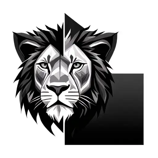 half realistic tribal lion head half geometric tattoo design idea