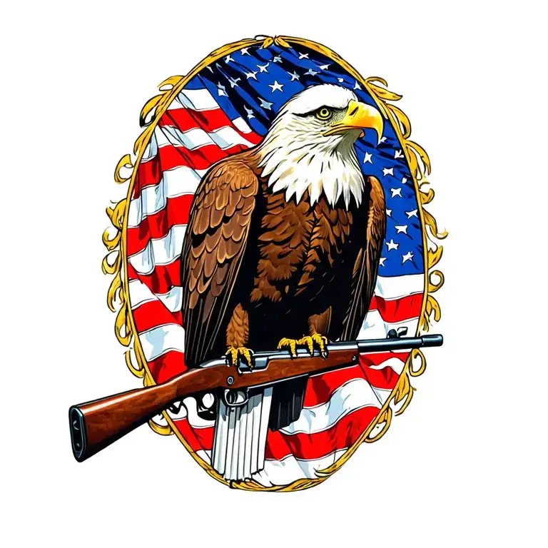A patriotic bald eagle perched on a rifle with an American flag in the background tattoo design idea