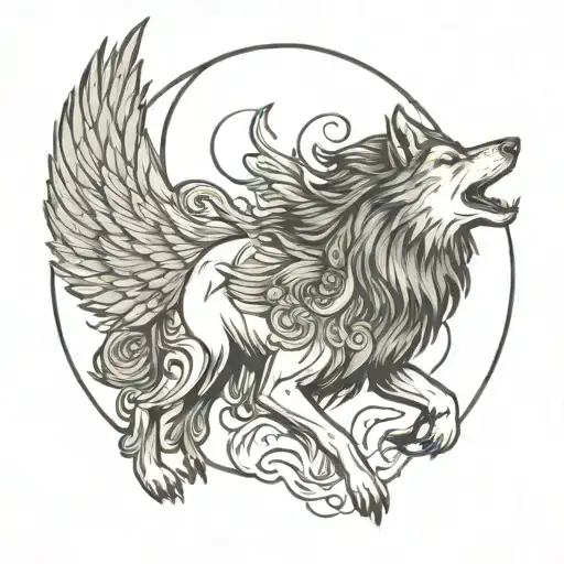 women's wolf with wings and the moon tattoo design idea