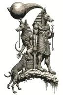 anubis holding the balance, wolf sneaking up on 3 silhouettes mom and two kids, turkish watering pipe tattoo design idea