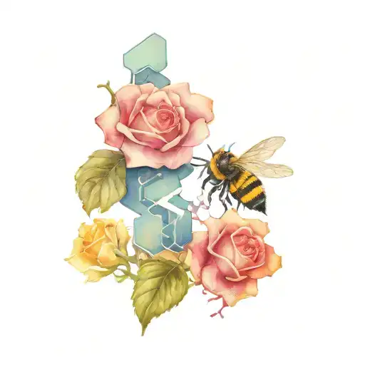 horror 3D puzzle piece with roses growing and bee flying tattoo design idea