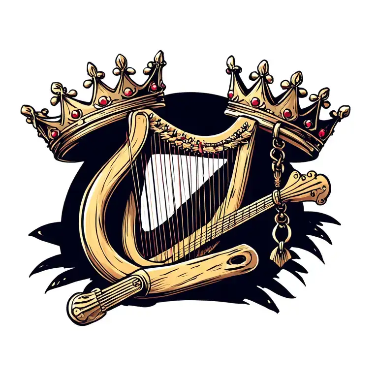 harp with hanging crown  tattoo design idea
