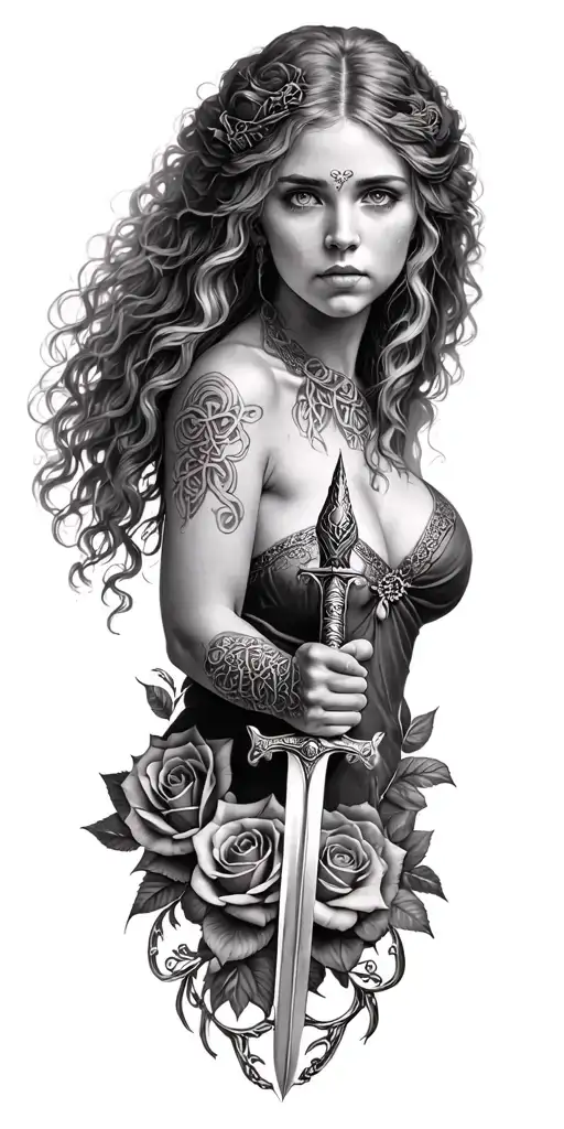 old Celtic woman posing holding a sword  and the woman is surrounded in a circle of roses tattoo design idea