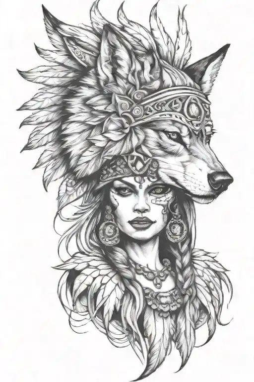 women with a agressive wolf headdress tattoo design idea