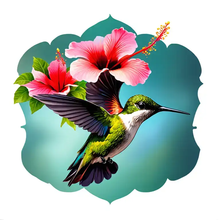 humming bird with hibiscus flowers tattoo design idea