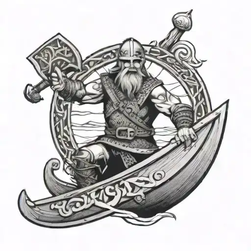 Viking on long ship with ax tattoo design idea