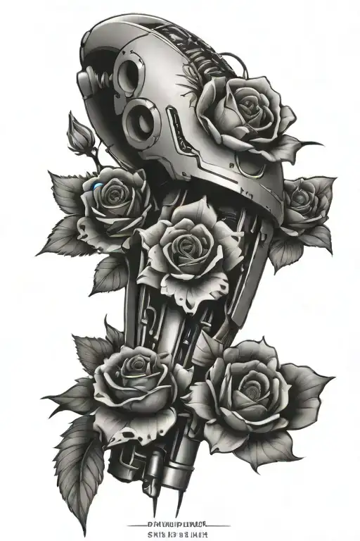 bionic cyborg arm with flowers tattoo design idea