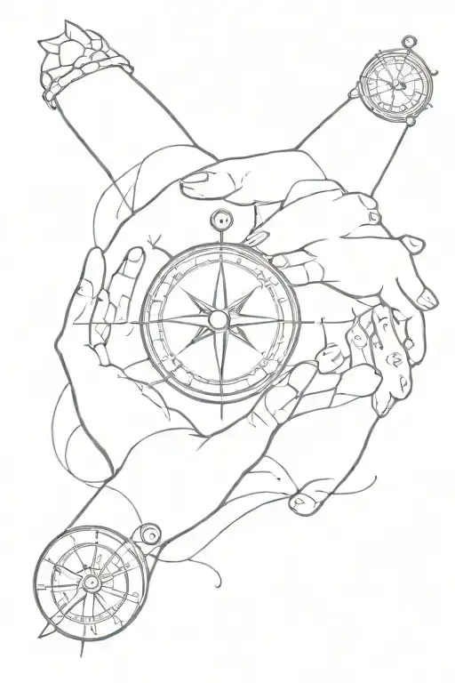 time, compass, daughters holding hands, travels tattoo design idea