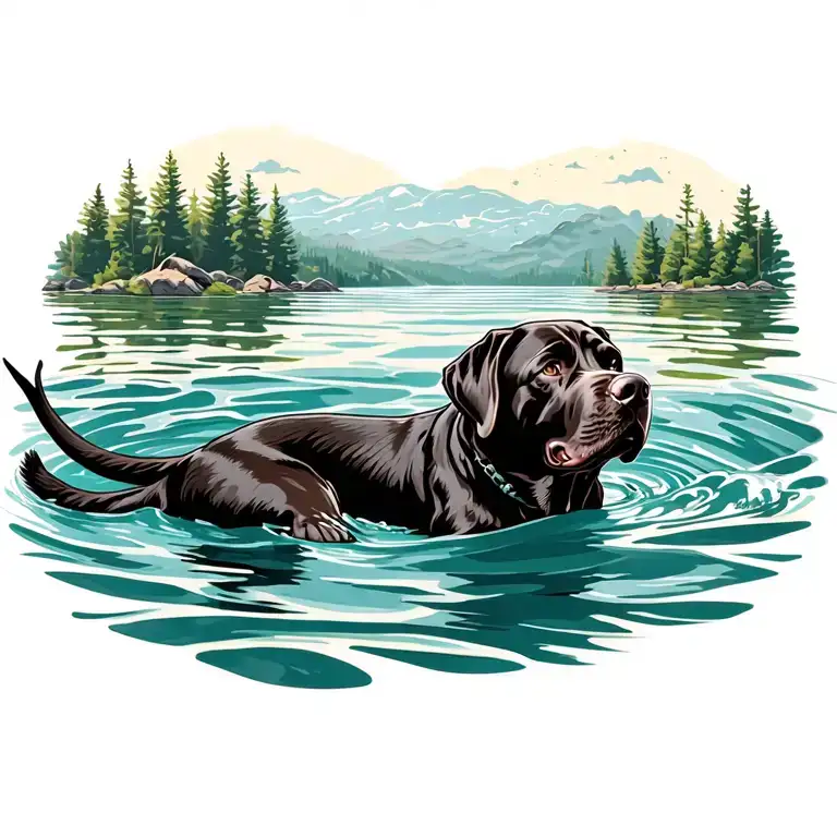 Dog black english labrador retriever swimming. tattoo design idea