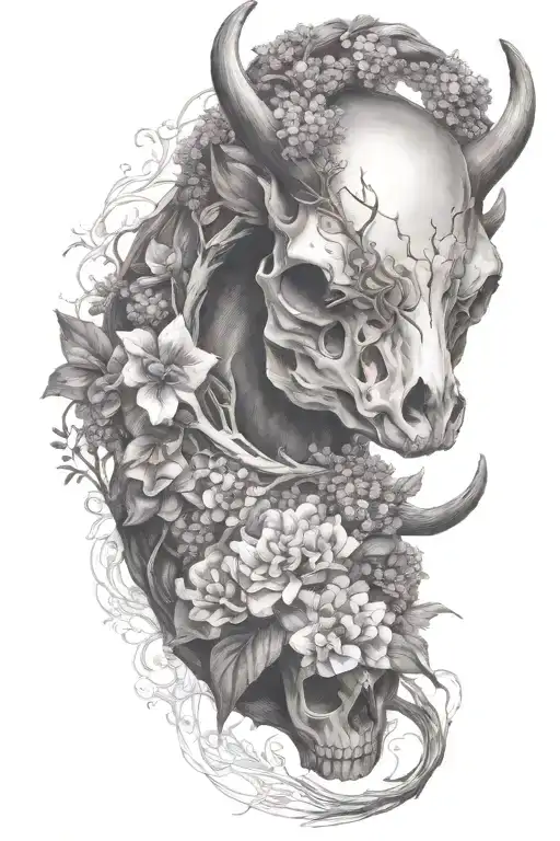 deer skull wrapped in lilacs tattoo design idea